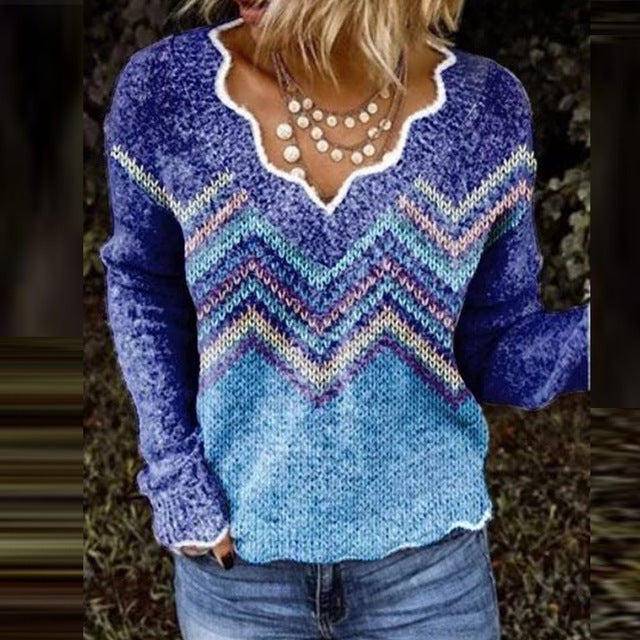 Women's V-Neck Long Sleeve T-Shirt - Casual Printed Top