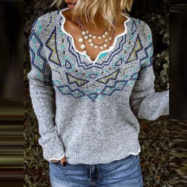 Women's V-Neck Long Sleeve T-Shirt - Casual Printed Top