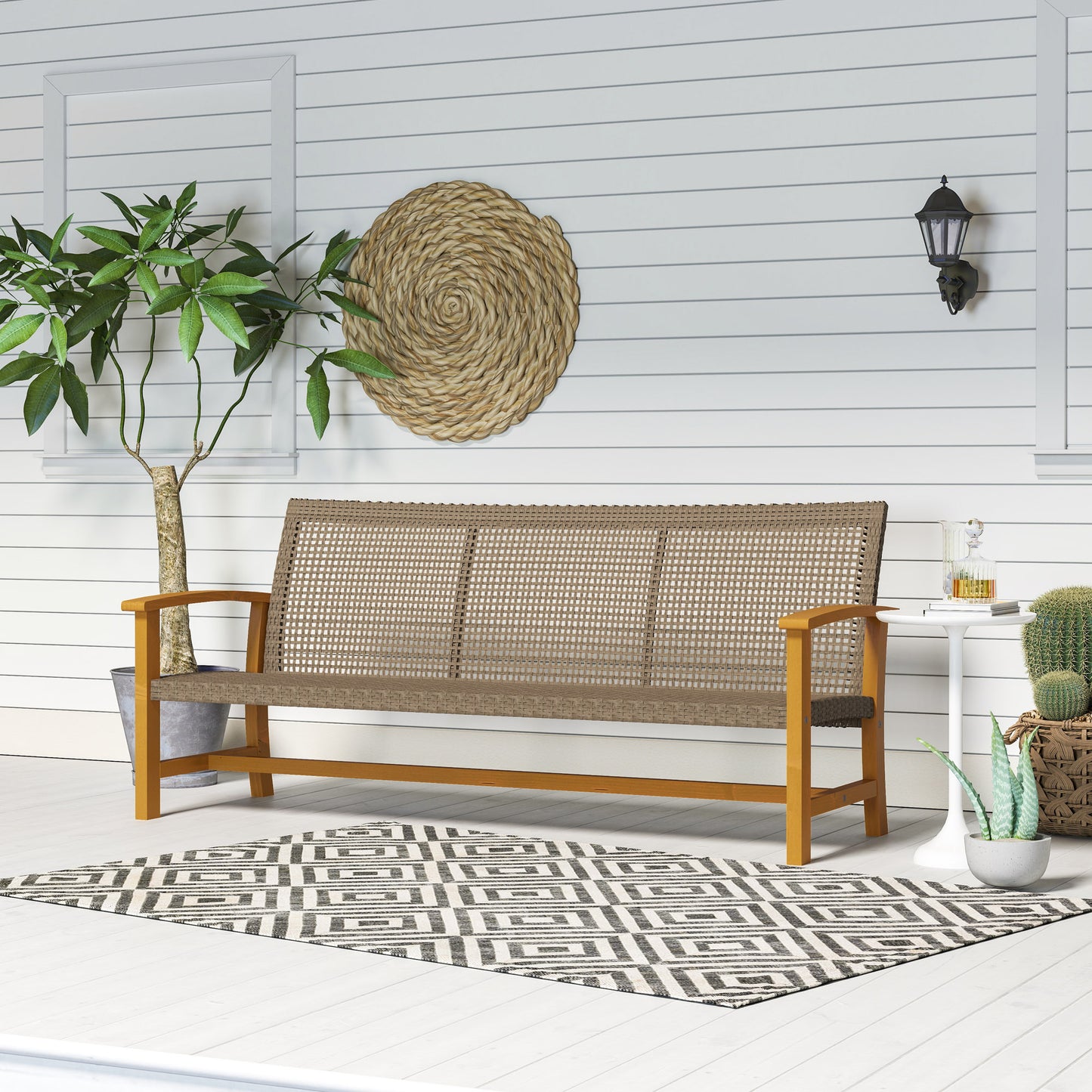 3-Seat Wicker Outdoor Couch Patio Sofa, Acacia Wood Patio Furniture With Steel Seat Armrests, Capacity, Teak