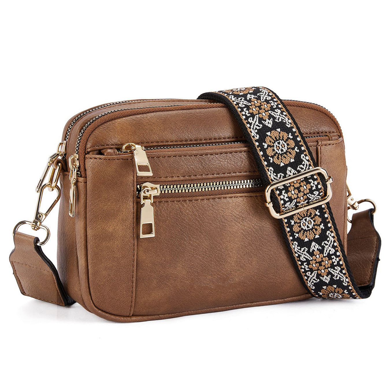 Triple-Zipper Crossbody Bag - Floral Embroidered Multi-Functional