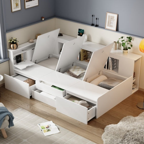 Children's Bed, Single Bed-3ft90x190cm, Single Bed, Multifunctional Children's Bed With Drawers, Bookcase And Storage Cupboard, Bed Box With Storage Space, Without Mattress, White