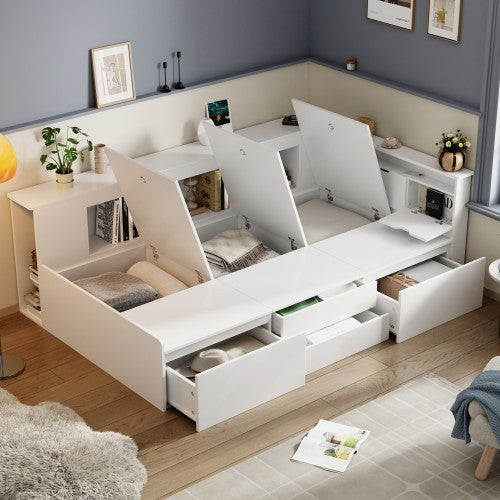 Children's Bed, Single Bed-3ft90x190cm, Single Bed, Multifunctional Children's Bed With Drawers, Bookcase And Storage Cupboard, Bed Box With Storage Space, Without Mattress, White