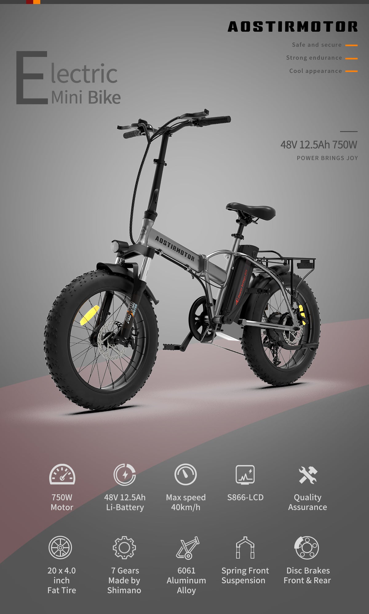 20x4.0 Inch Foldable Fat Tire Electric Bike 48V 12.5AH Extended Range Dual Disc Brakes Fenders
