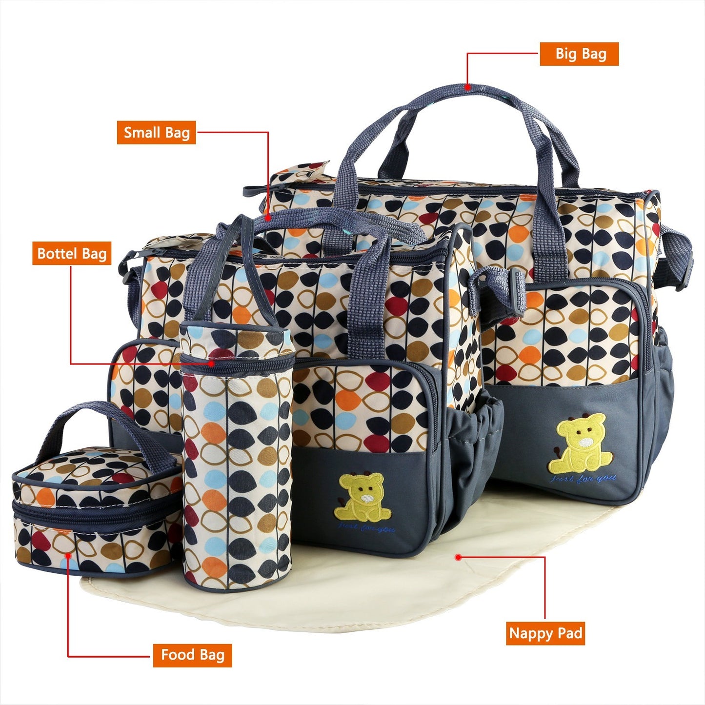 5PCS Per Set Baby Nappy Diaper Bags Set Mummy Diaper Shoulder Bags WithNappy Changing Pad Insulated Pockets Travel Tote Bags For Mom Dad