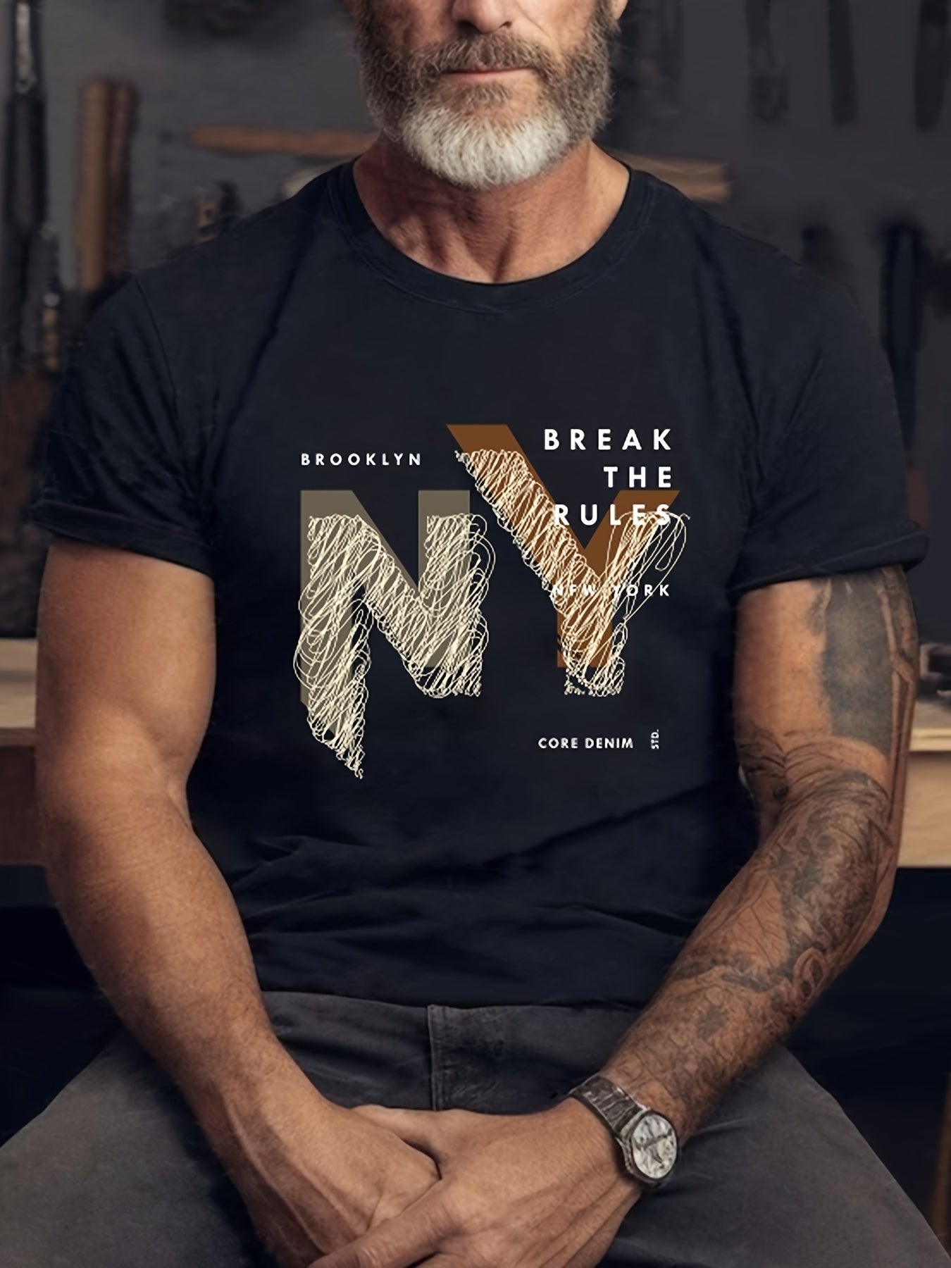 Men's New York Pattern T-Shirt - Casual Round Neck Short Sleeve