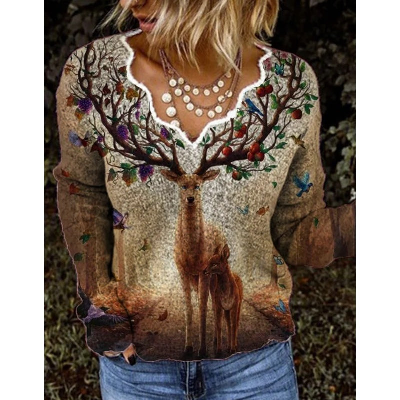 Women's V-Neck Long Sleeve T-Shirt - Casual Printed Top