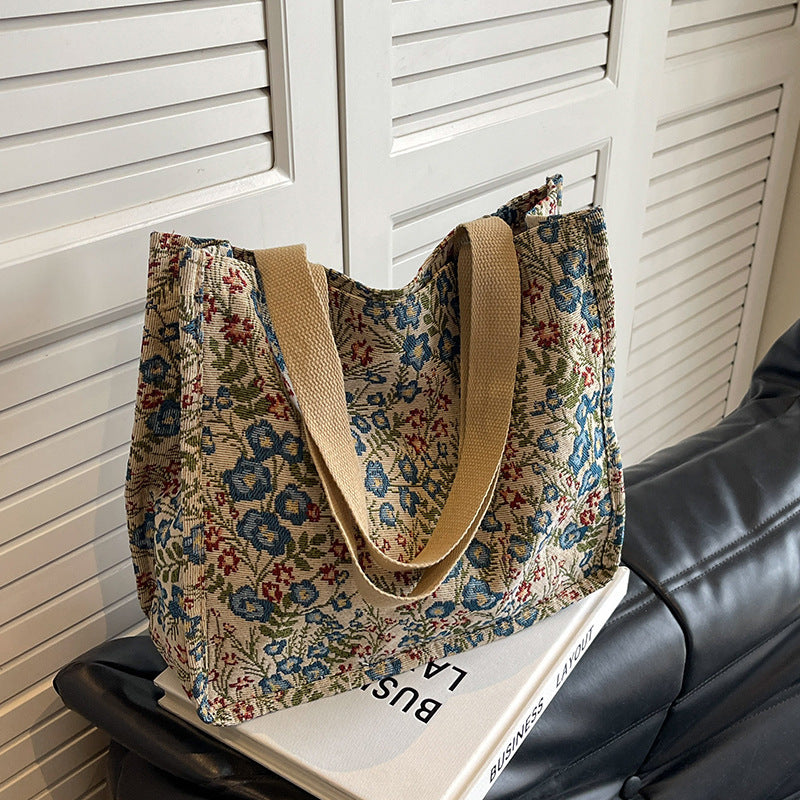 Floral Canvas Handbag - Large Capacity Shoulder Bag for Women