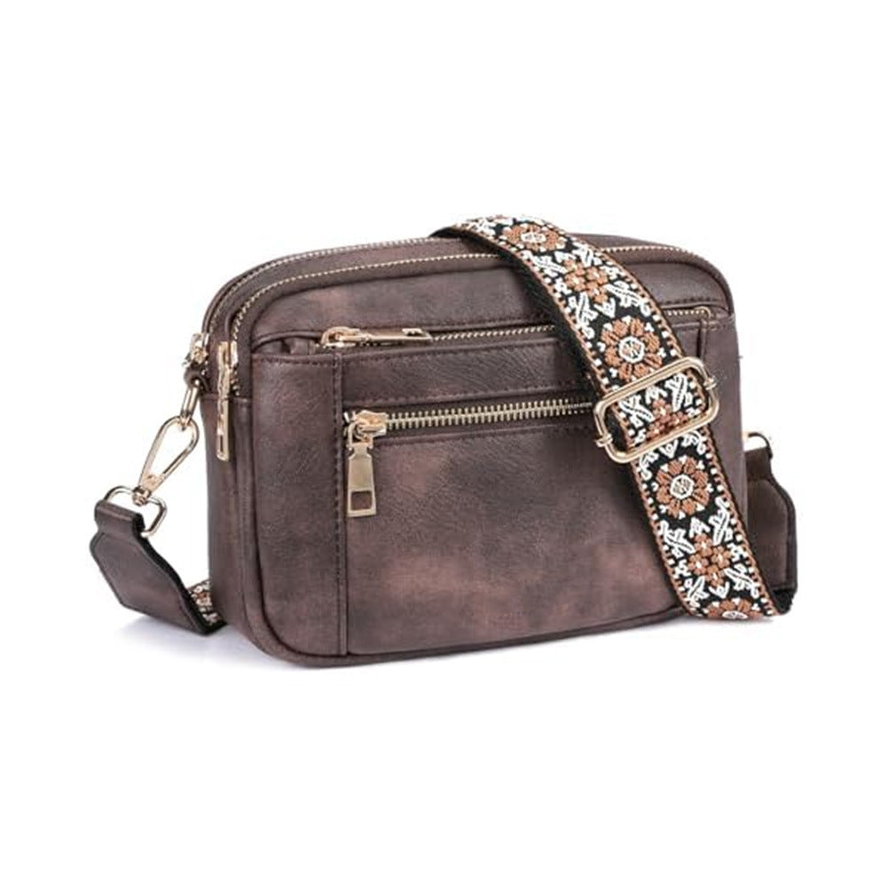 Triple-Zipper Crossbody Bag - Floral Embroidered Multi-Functional