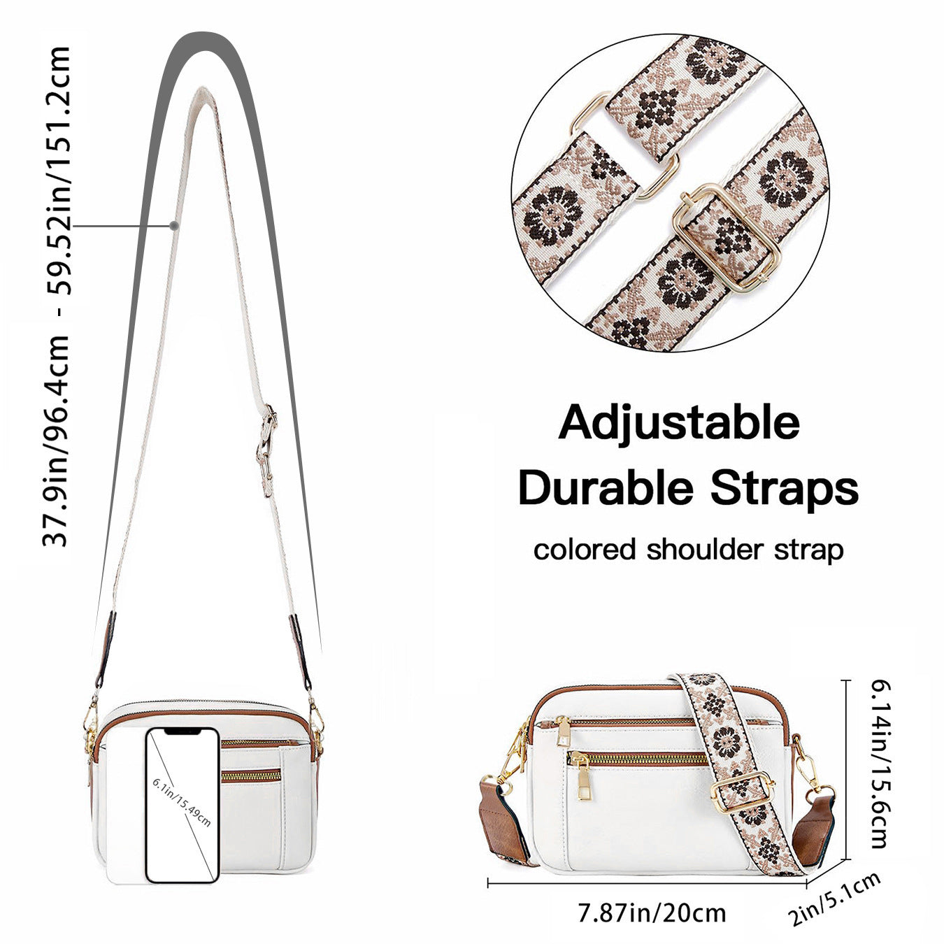 Triple-Zipper Crossbody Bag - Floral Embroidered Multi-Functional