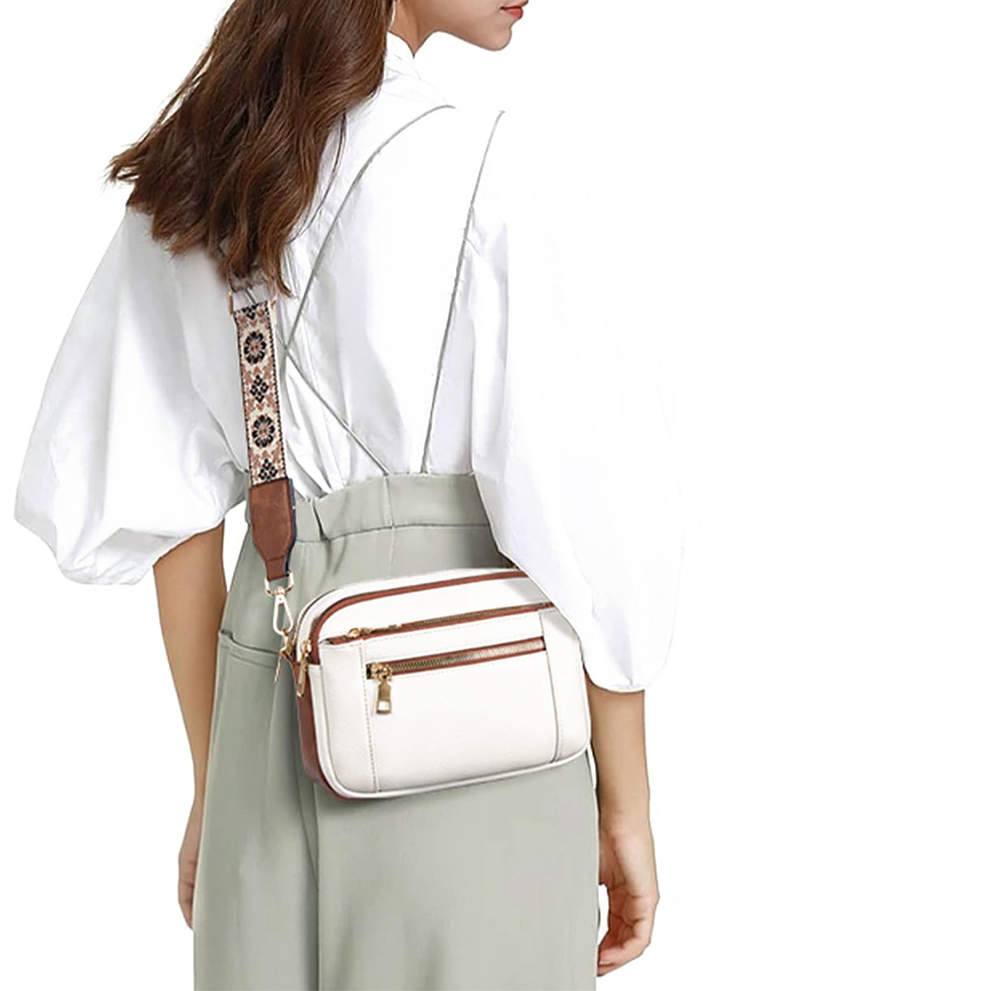 Triple-Zipper Crossbody Bag - Floral Embroidered Multi-Functional